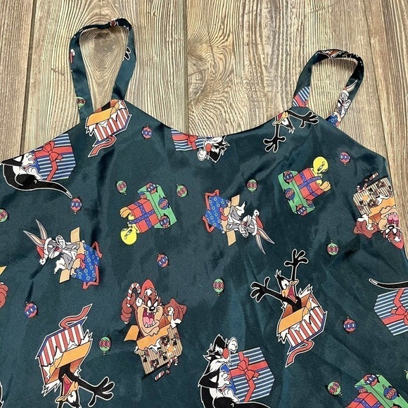 LOONEY Tunes Christmas Nightgown Vintage Medium Slip Chemise Pajamas Green - Picture 3 of 8